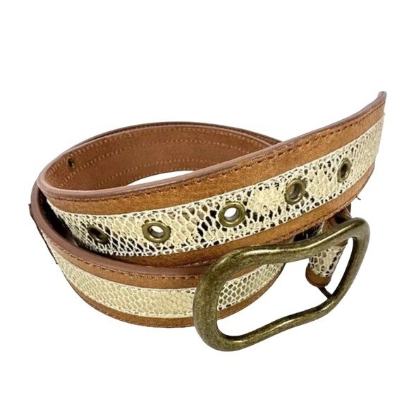 Chico\'s Shiny Gold Faux Snakeskin Brown Leather Belt Antique Brass Hook Buckle main image 14